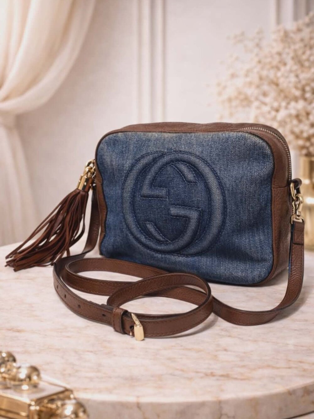 Authentic Gucci Soho Disco Denim Crossbody Bag Blue Leather Tassel GG Logo